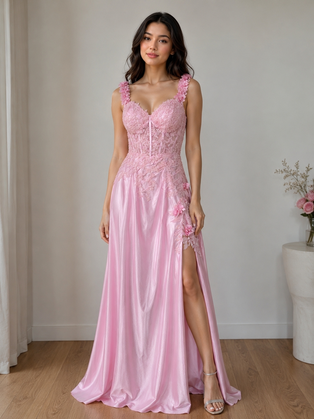 Elegant Pink Lace Maxi Dress With Floral Appliqu